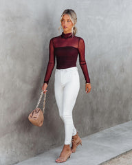 Irresistible Me Mock Neck Sheer Ruched Bodysuit - Merlot Oshnow