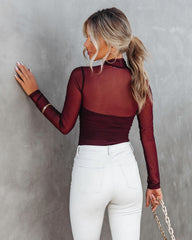 Irresistible Me Mock Neck Sheer Ruched Bodysuit - Merlot Oshnow