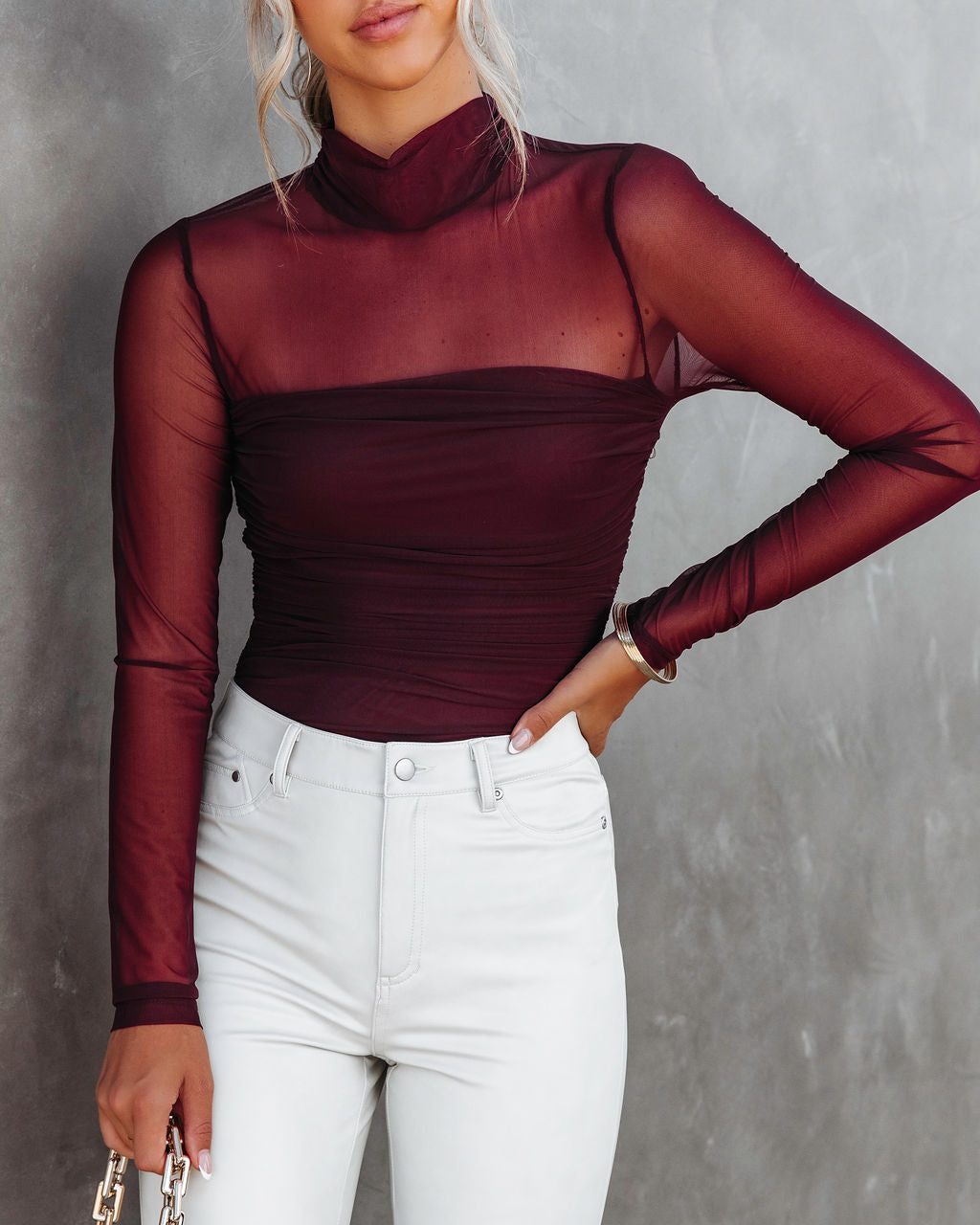 Irresistible Me Mock Neck Sheer Ruched Bodysuit - Merlot Oshnow