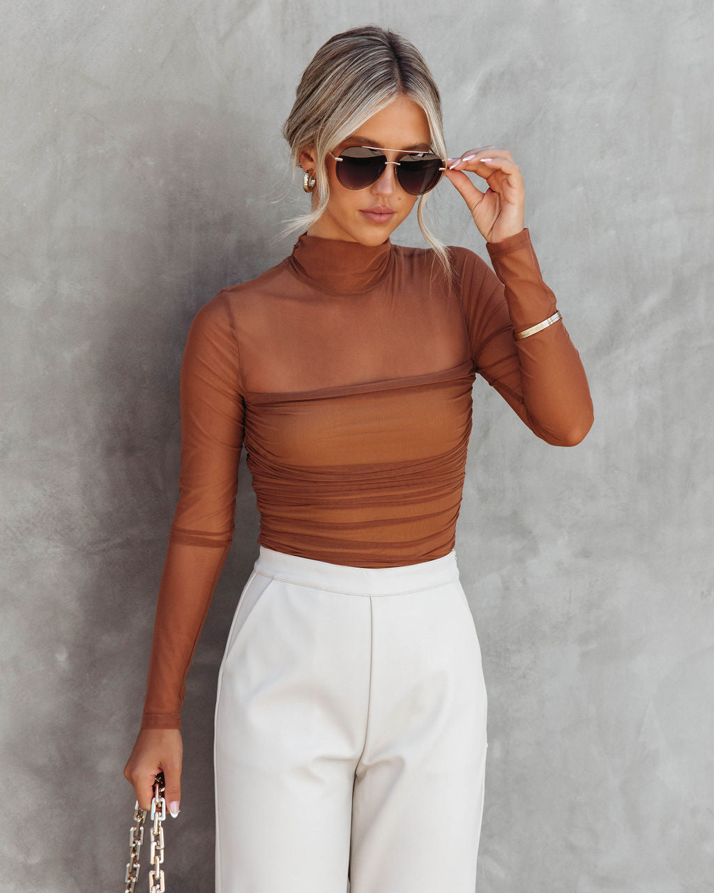 Irresistible Me Mock Neck Sheer Ruched Bodysuit - Toffee - SALE Oshnow