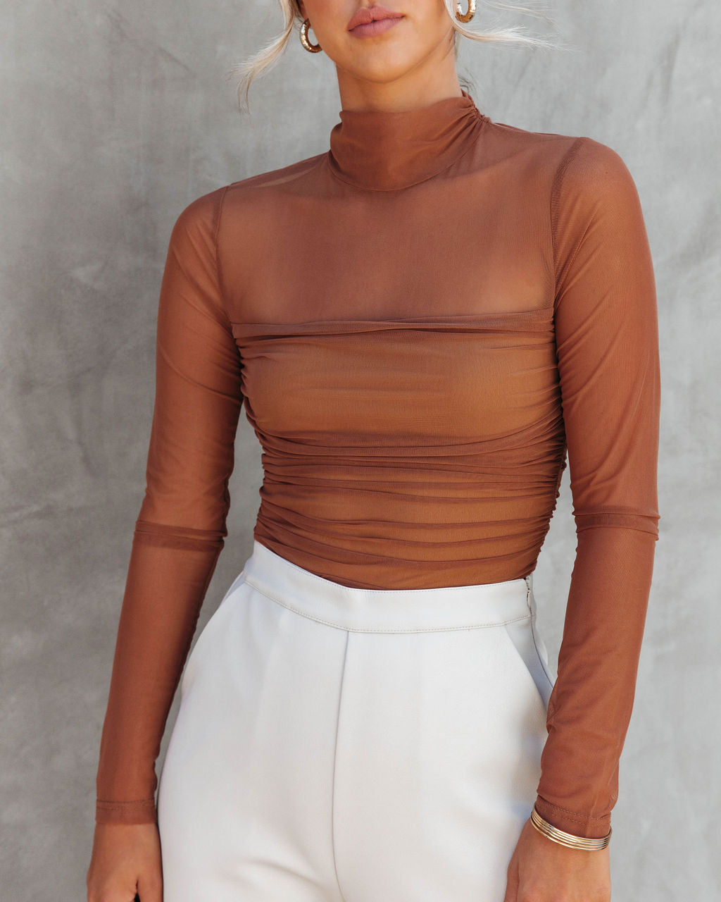 Irresistible Me Mock Neck Sheer Ruched Bodysuit - Toffee - SALE Oshnow