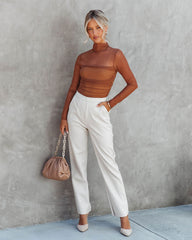 Irresistible Me Mock Neck Sheer Ruched Bodysuit - Toffee - SALE Oshnow