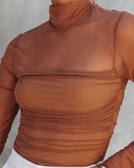 Irresistible Me Mock Neck Sheer Ruched Bodysuit - Toffee - SALE Oshnow