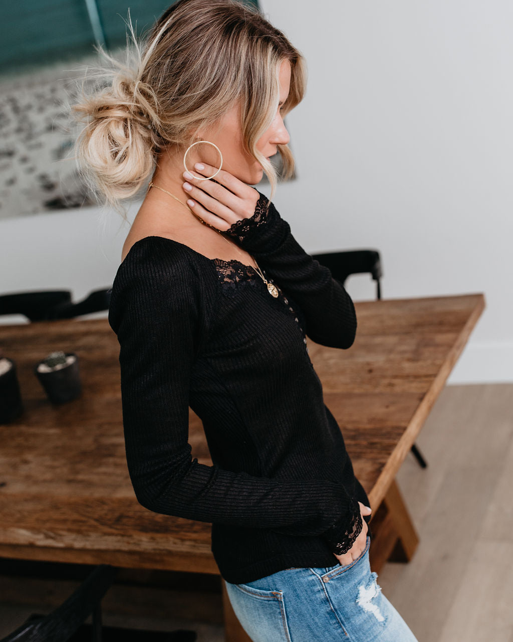 Isn'T It Romantic Lace Henley Top - Black Oshnow