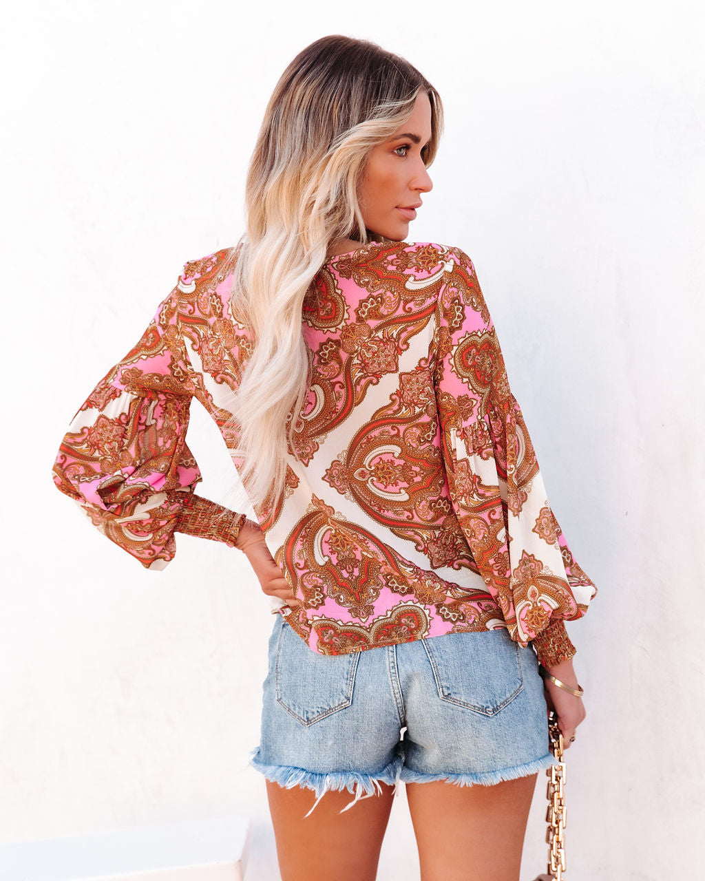 Ivanna Printed Smocked Blouse - Pink Multi Oshnow