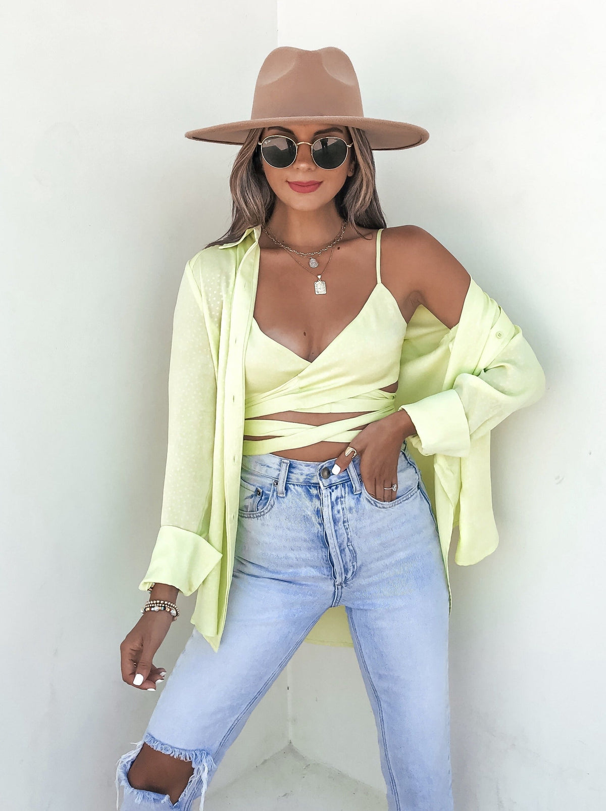 Izabel Spotted Button Down Blouse - Lime Oshnow