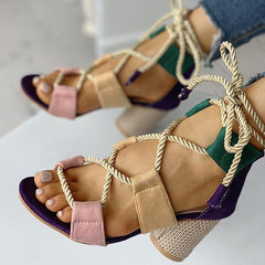 Colourblock Lace-up Chunky Heels Open Toe Sandals