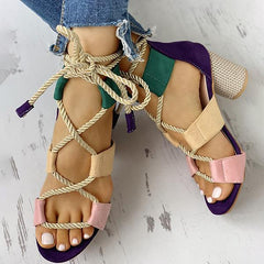 Colourblock Lace-up Chunky Heels Open Toe Sandals