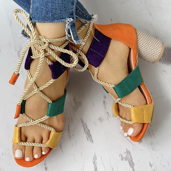 Colourblock Lace-up Chunky Heels Open Toe Sandals