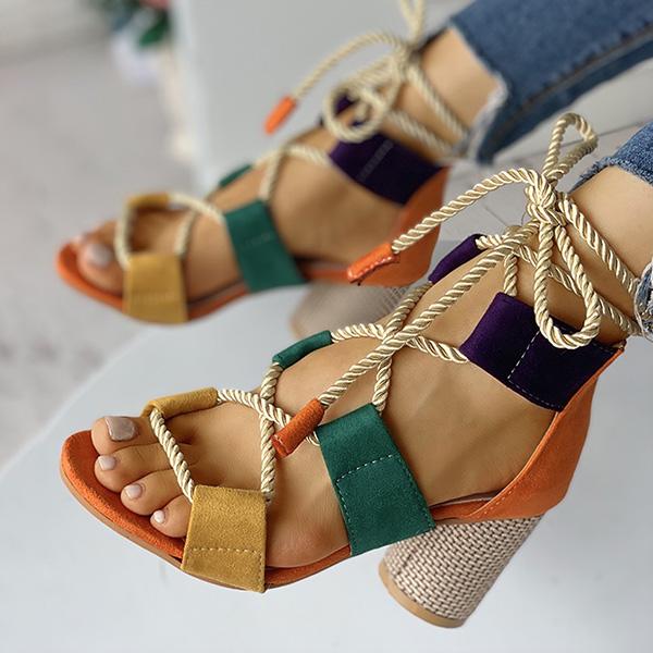 Colourblock Lace-up Chunky Heels Open Toe Sandals