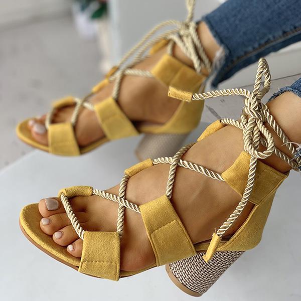 Colourblock Lace-up Chunky Heels Open Toe Sandals