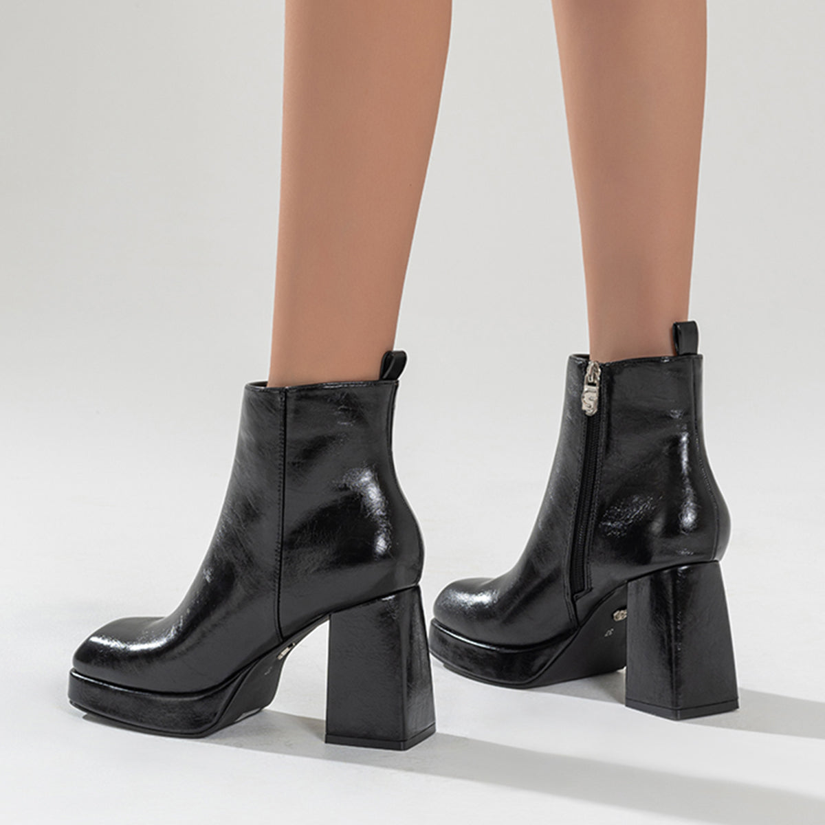 Black Square Toe Platform Chunky Heeled Ankle Boots