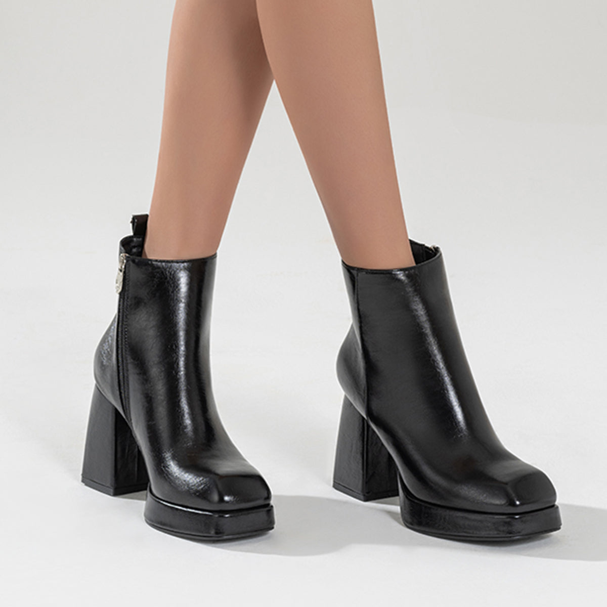 Black Square Toe Platform Chunky Heeled Ankle Boots