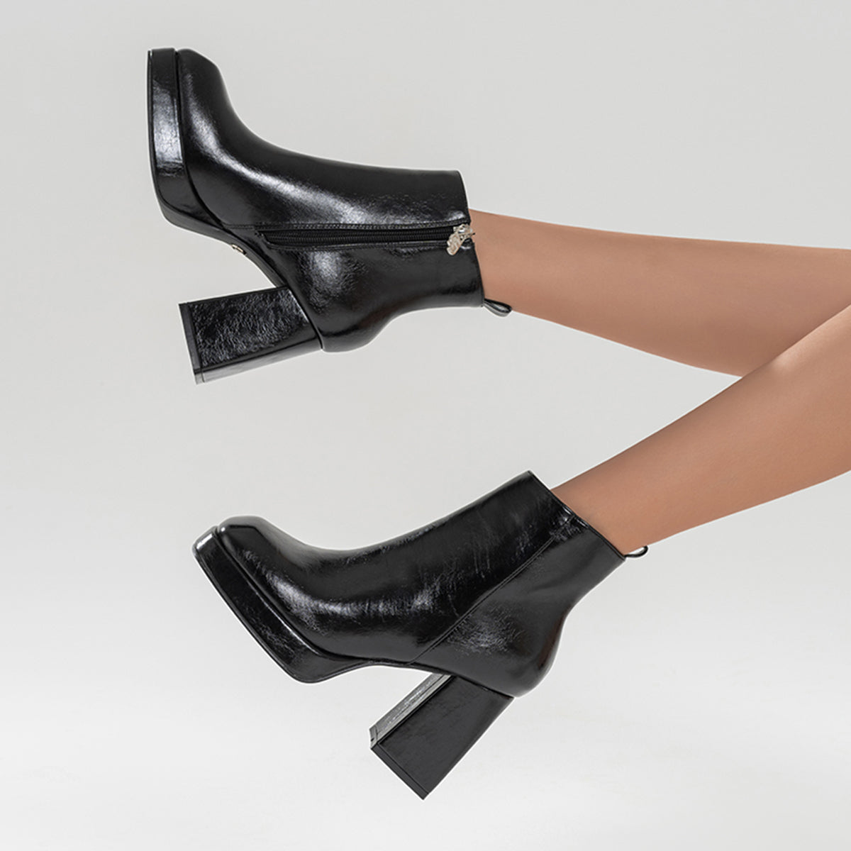 Black Square Toe Platform Chunky Heeled Ankle Boots