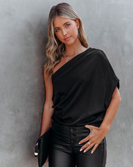 Janay Satin One Shoulder Drape Blouse - Black Oshnow