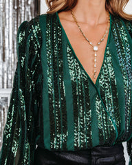Janella Sequin Padded Shoulder Bodysuit - Green Oshnow