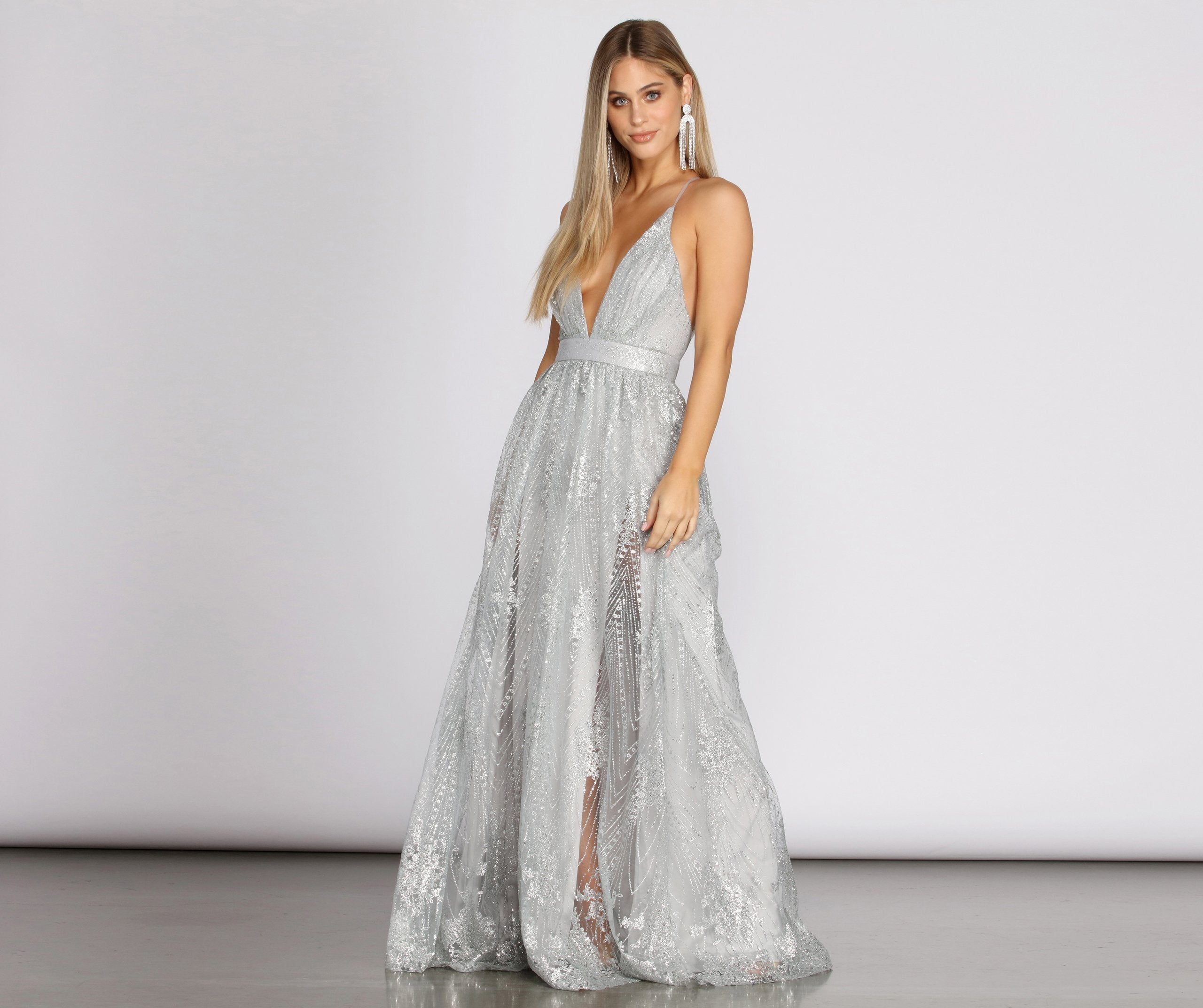 Janica Plunging Glitter A-Line Dress Oshnow