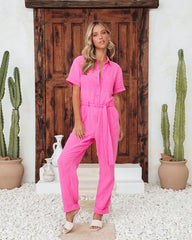 Janice Cotton Pocketed Jumpsuit - Hot Pink Oshnow