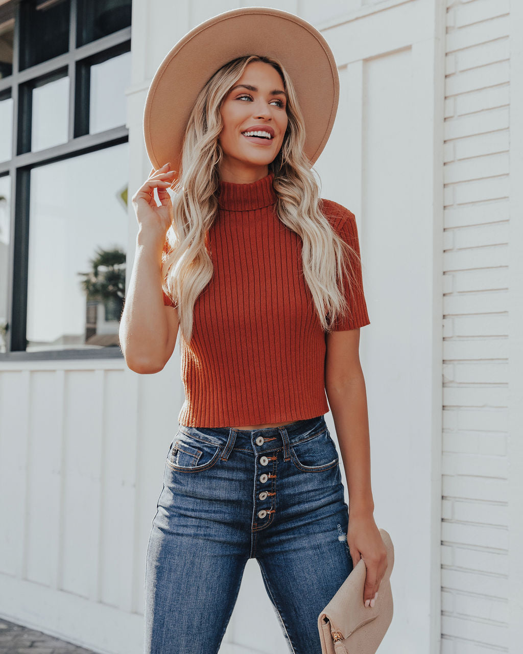 Janice Ribbed Crop Turtleneck Top - Terracotta Oshnow