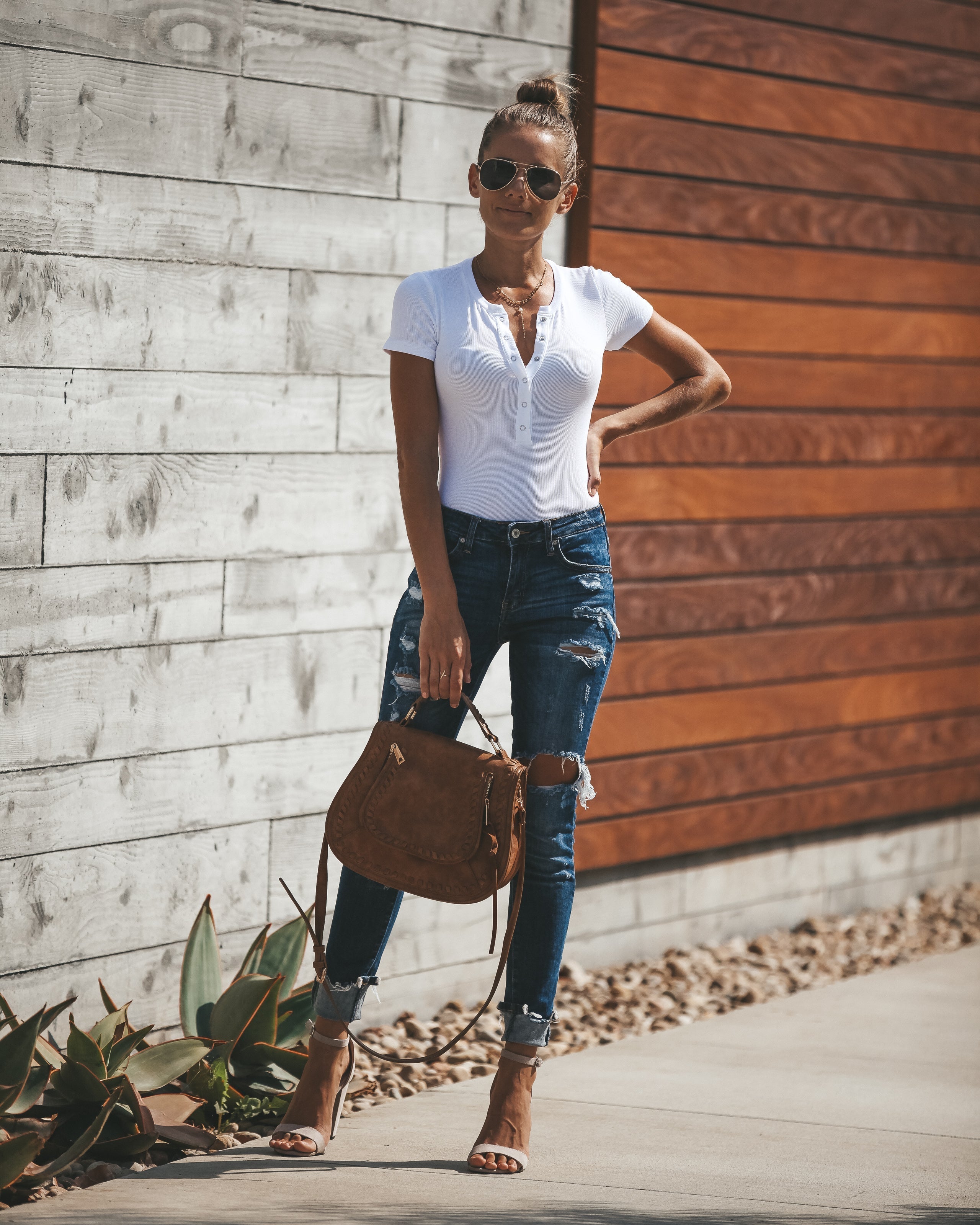 Janie Ribbed Henley Bodysuit - White Oshnow