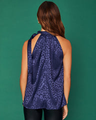 Jaxen Satin Embossed Tie Blouse - Navy Oshnow