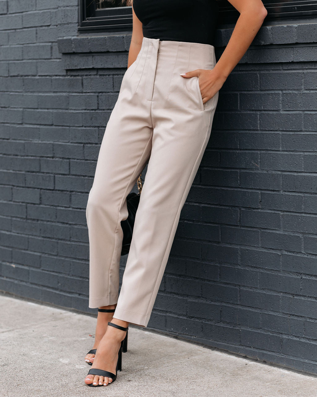 Jazlyn Pocketed High Rise Trousers - Light Taupe Oshnow