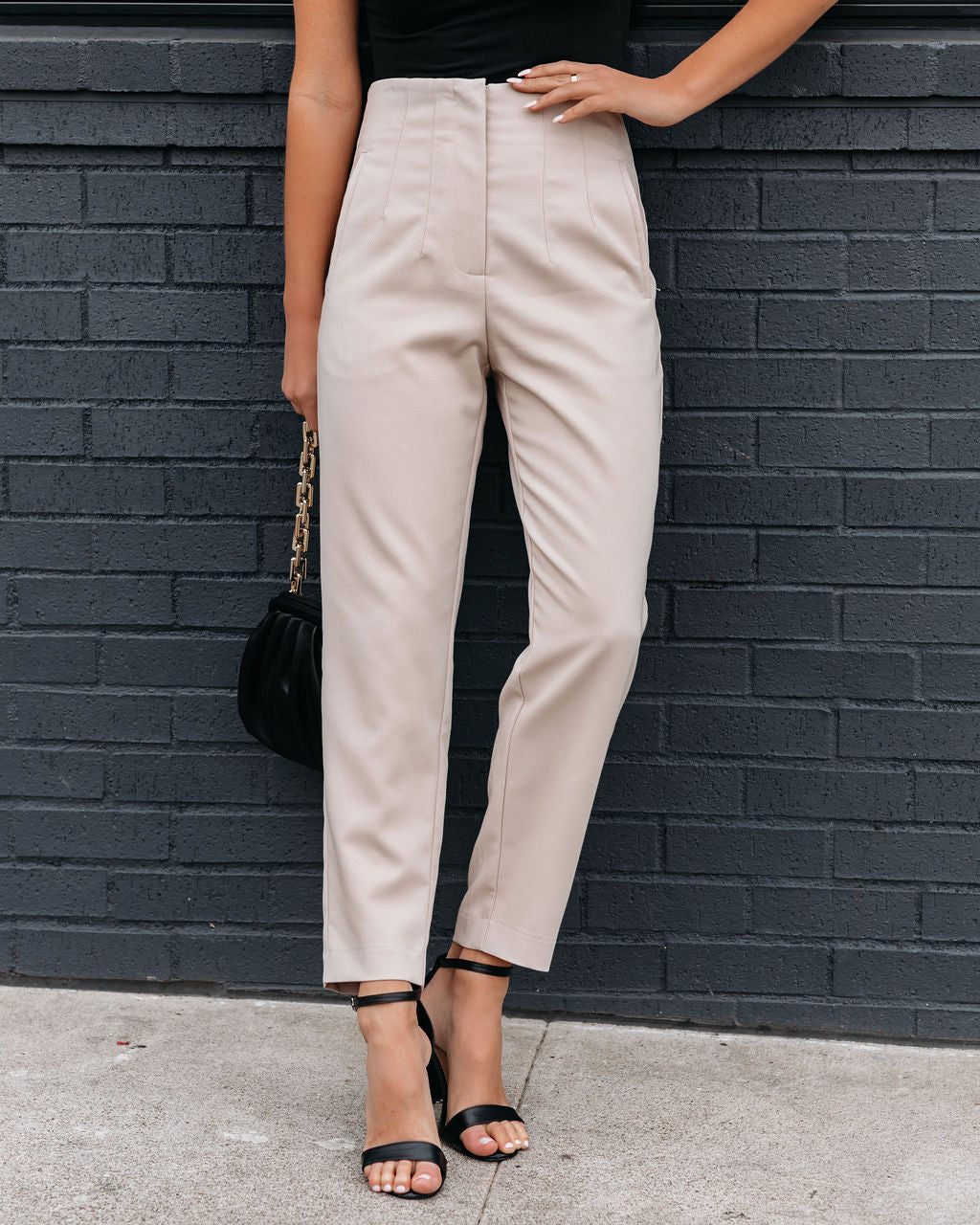 Jazlyn Pocketed High Rise Trousers - Light Taupe Oshnow