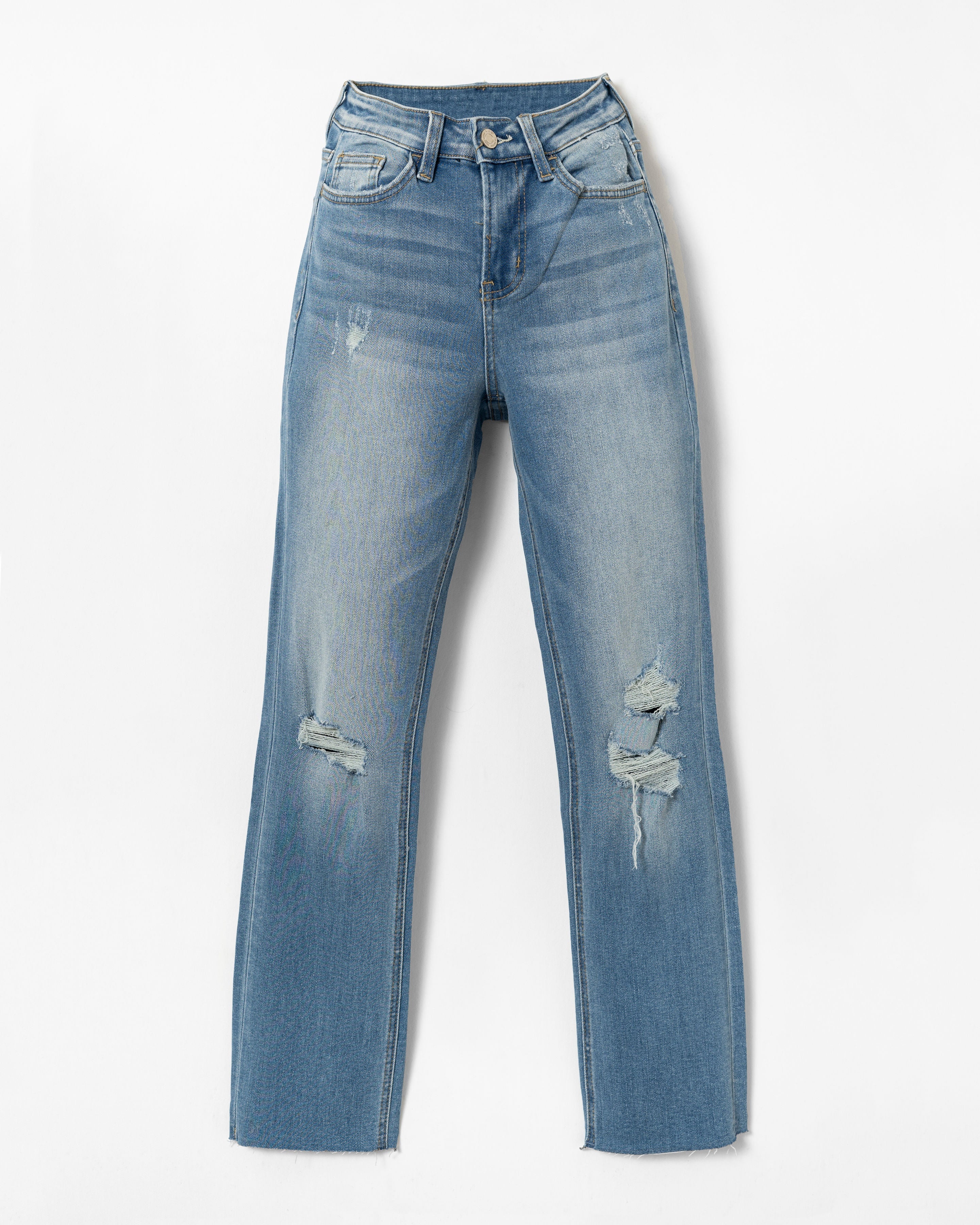 Jeanne High Rise Distressed Slim Straight Denim