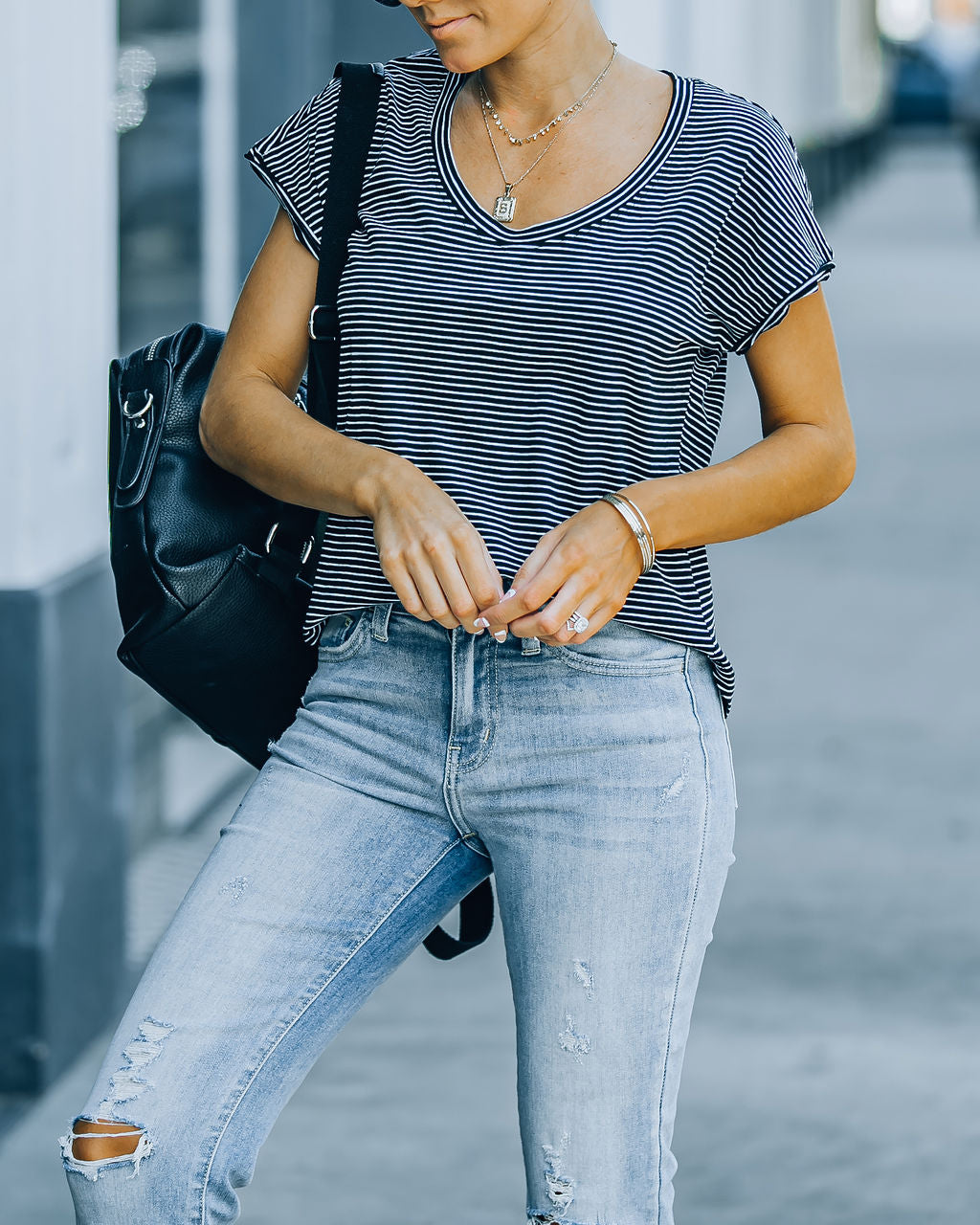 Jeff Cotton Modal Striped Scoop Tee - Black Oshnow