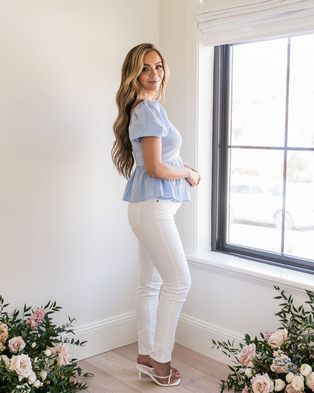 Jenissa Cotton Gingham Puff Sleeve Peplum Top - Powder Blue Oshnow