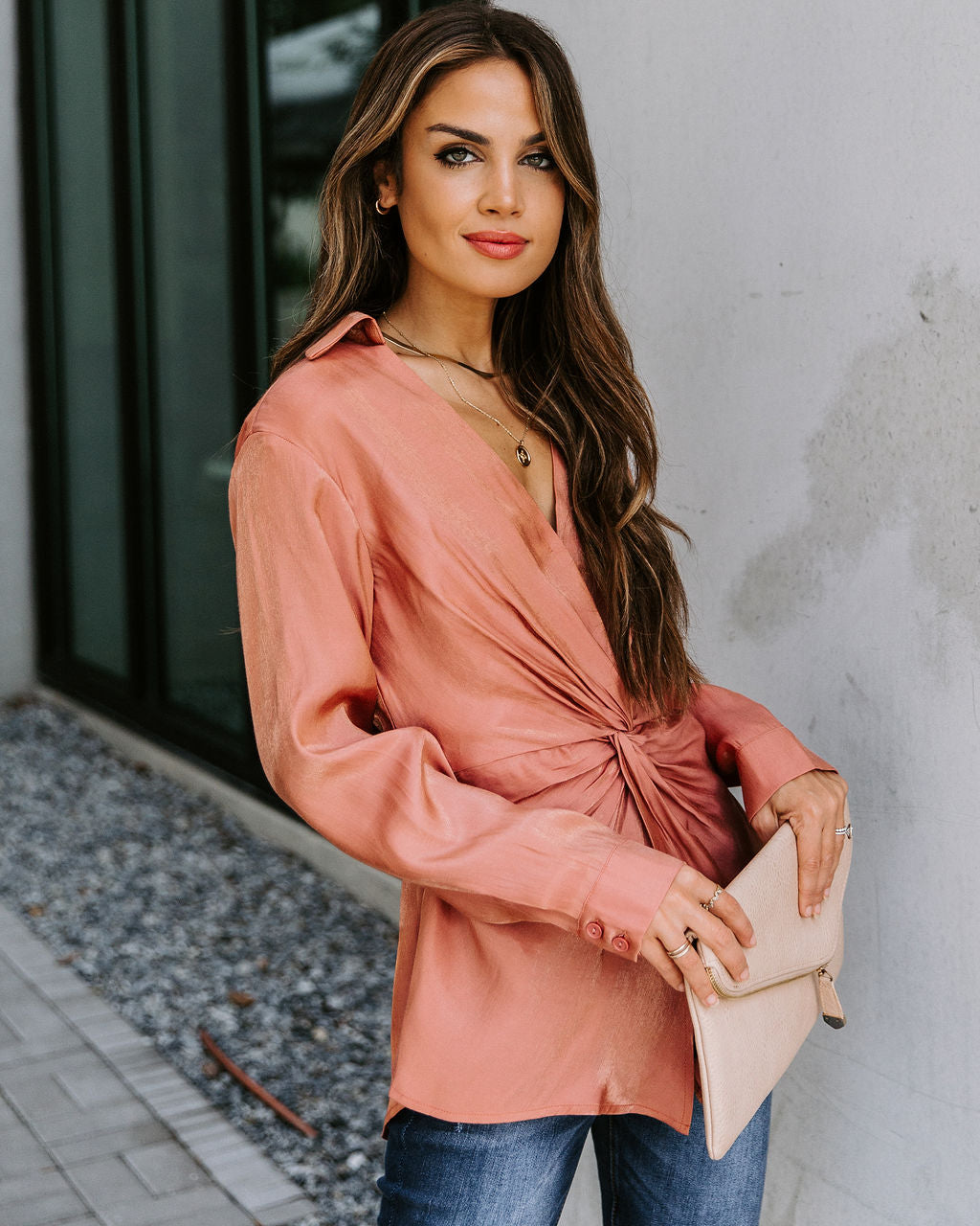 Josephine Satin Collared Twist Blouse - Rust Oshnow