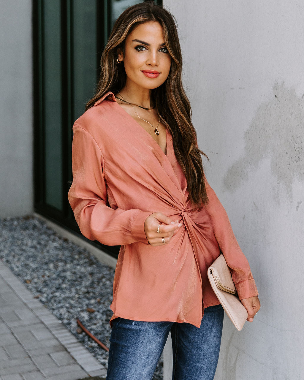 Josephine Satin Collared Twist Blouse - Rust Oshnow