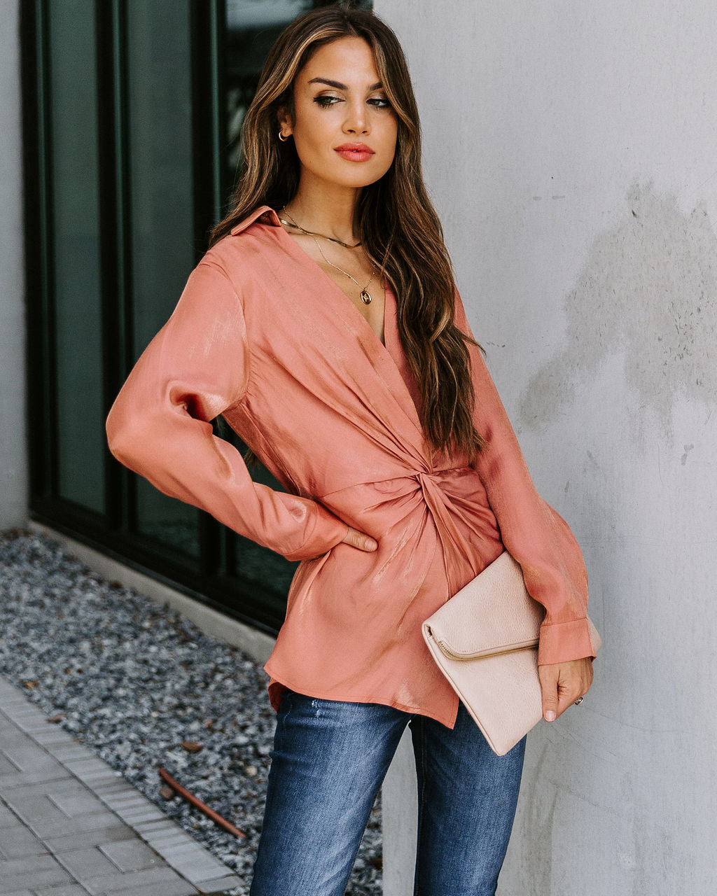 Josephine Satin Collared Twist Blouse - Rust Oshnow