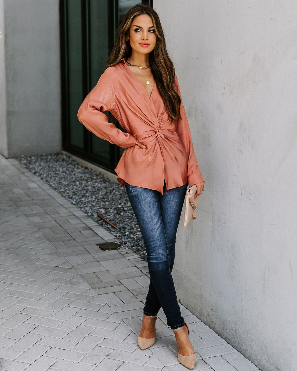 Josephine Satin Collared Twist Blouse - Rust Oshnow