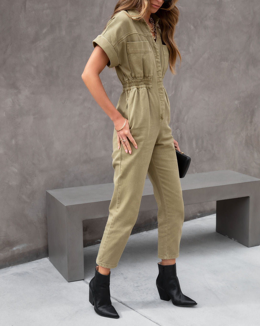 June Denim Pocketed Utility Jumpsuit - Olive Oshnow