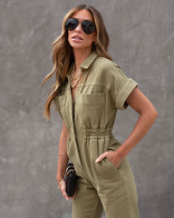 June Denim Pocketed Utility Jumpsuit - Olive Oshnow