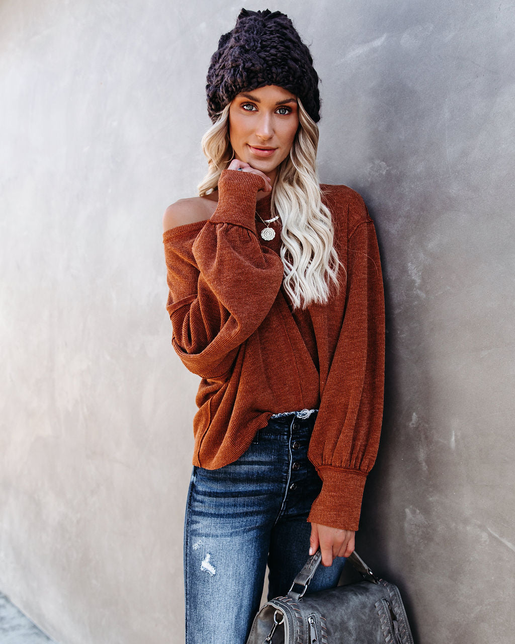 Kaitlynn Billowed Sleeve Knit Top - Rust Oshnow