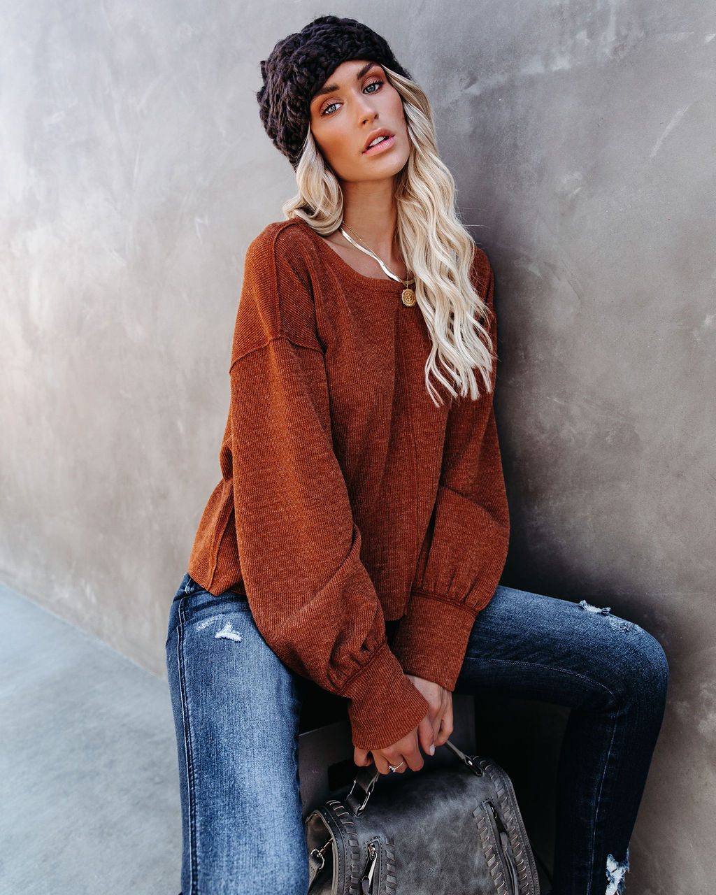 Kaitlynn Billowed Sleeve Knit Top - Rust Oshnow