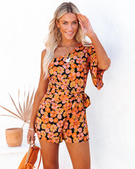 Kalila Floral One Shoulder Tie Romper - Black Multi - SALE Oshnow