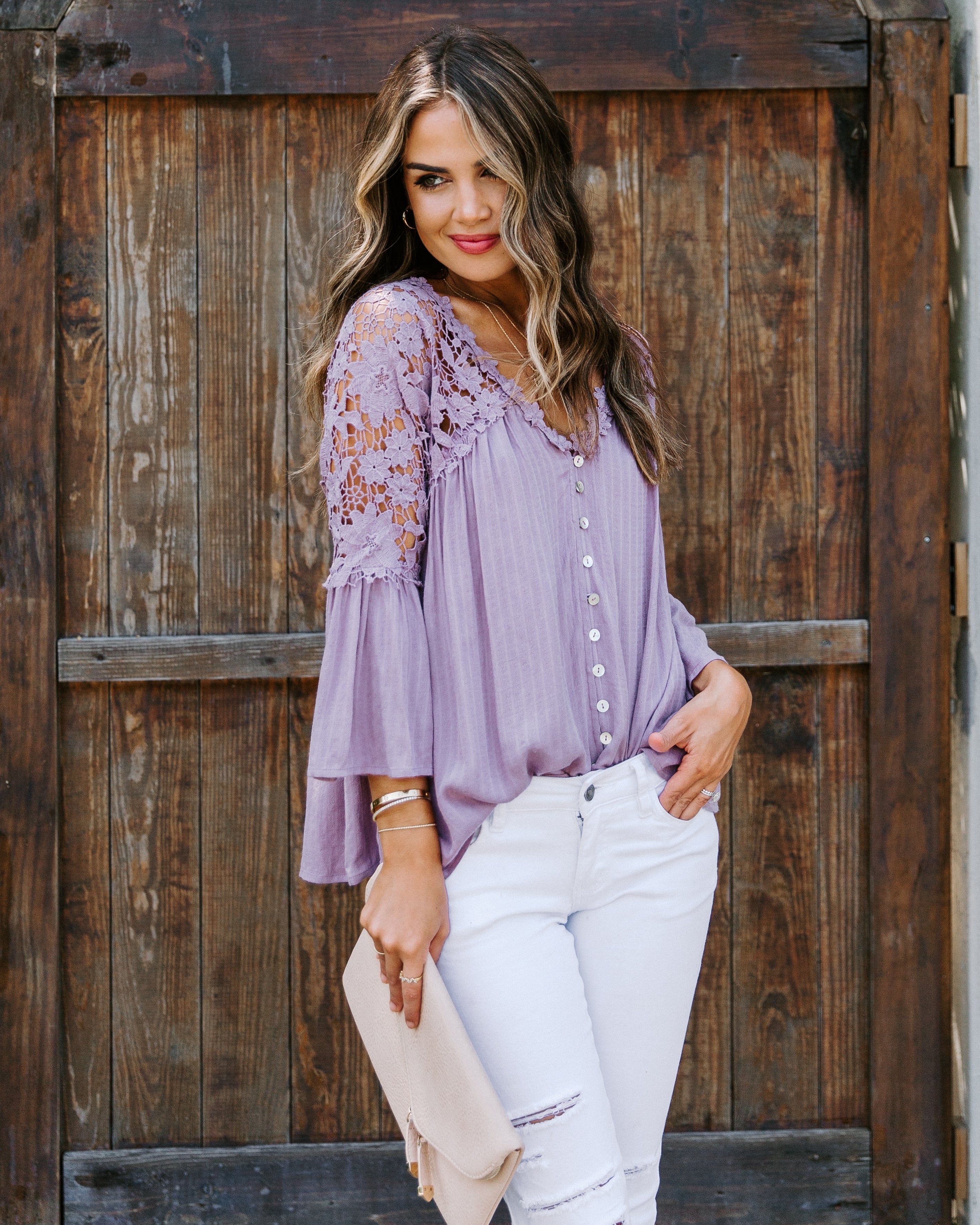 Kami Crochet Lace Button Down Top - Mauve Oshnow