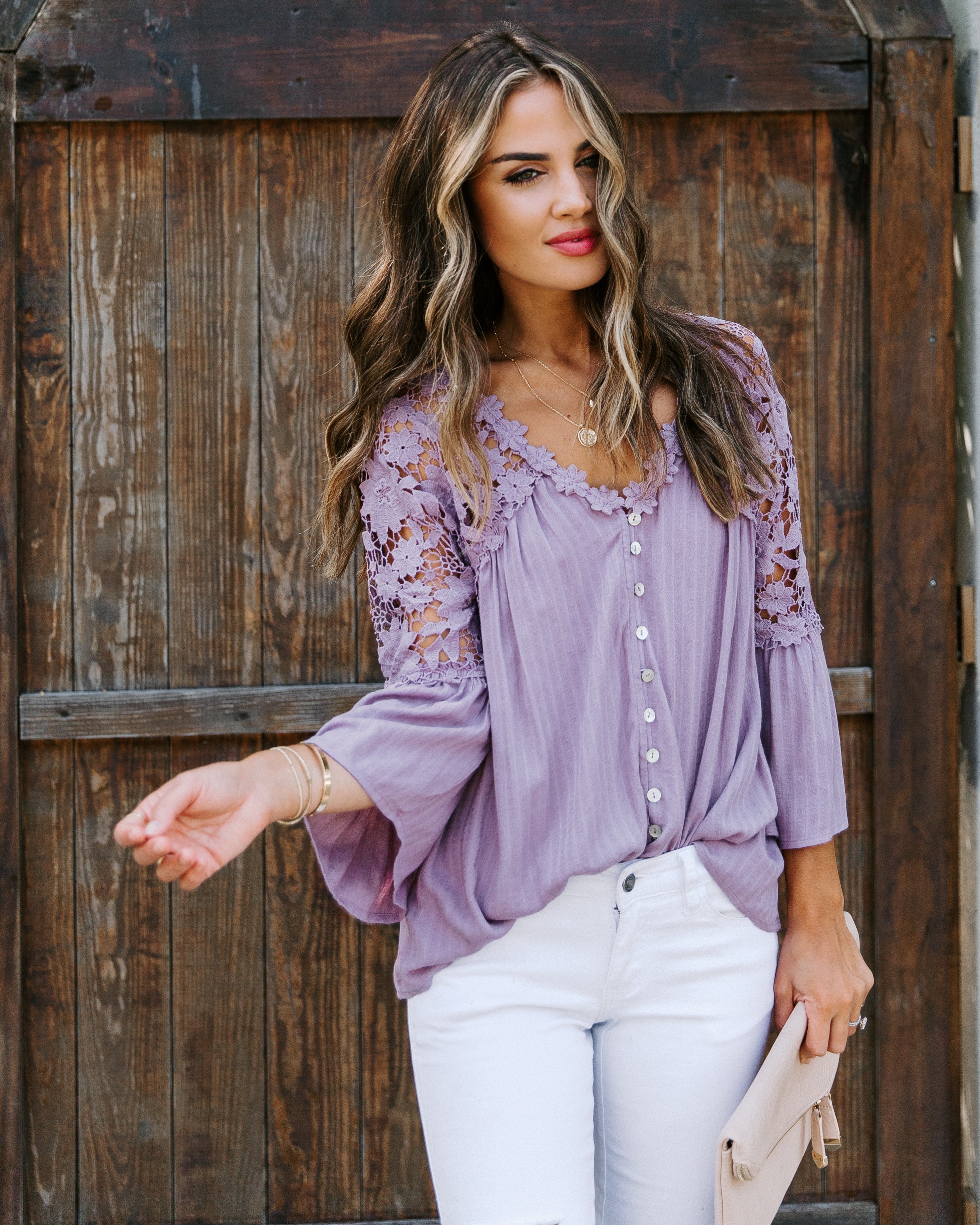 Kami Crochet Lace Button Down Top - Mauve Oshnow