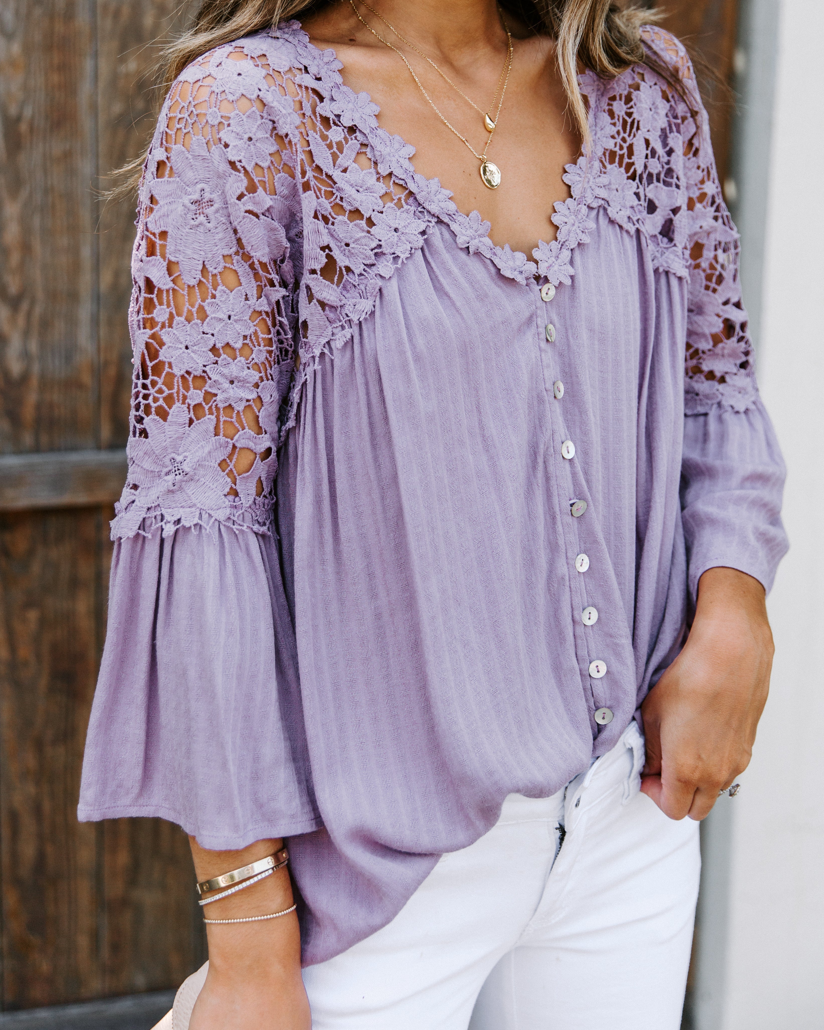 Kami Crochet Lace Button Down Top - Mauve Oshnow