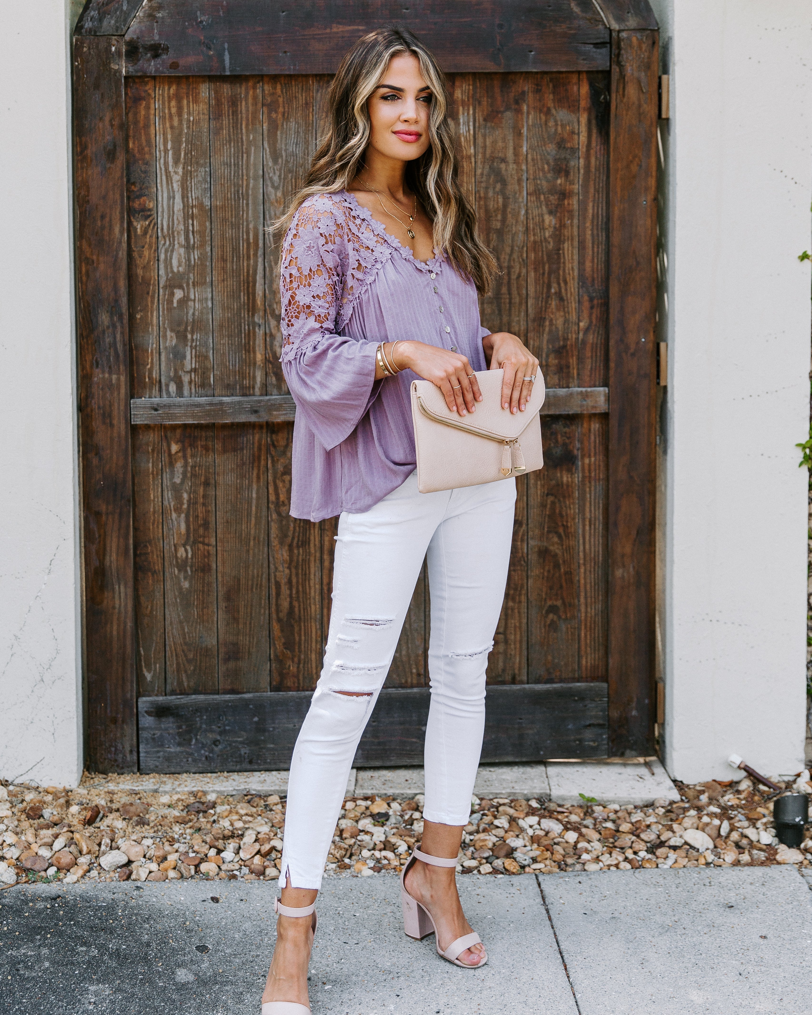 Kami Crochet Lace Button Down Top - Mauve Oshnow