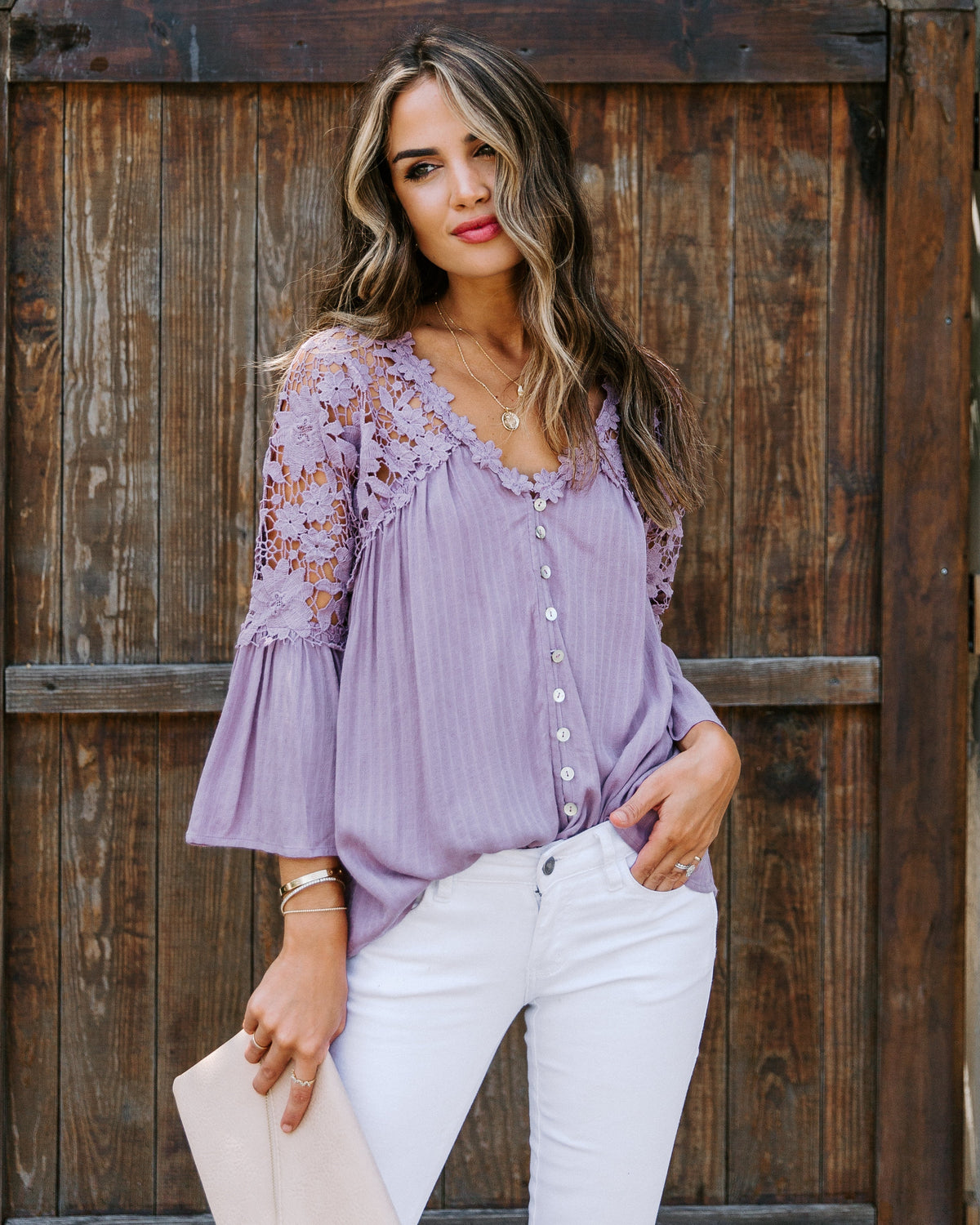 Kami Crochet Lace Button Down Top - Mauve Oshnow