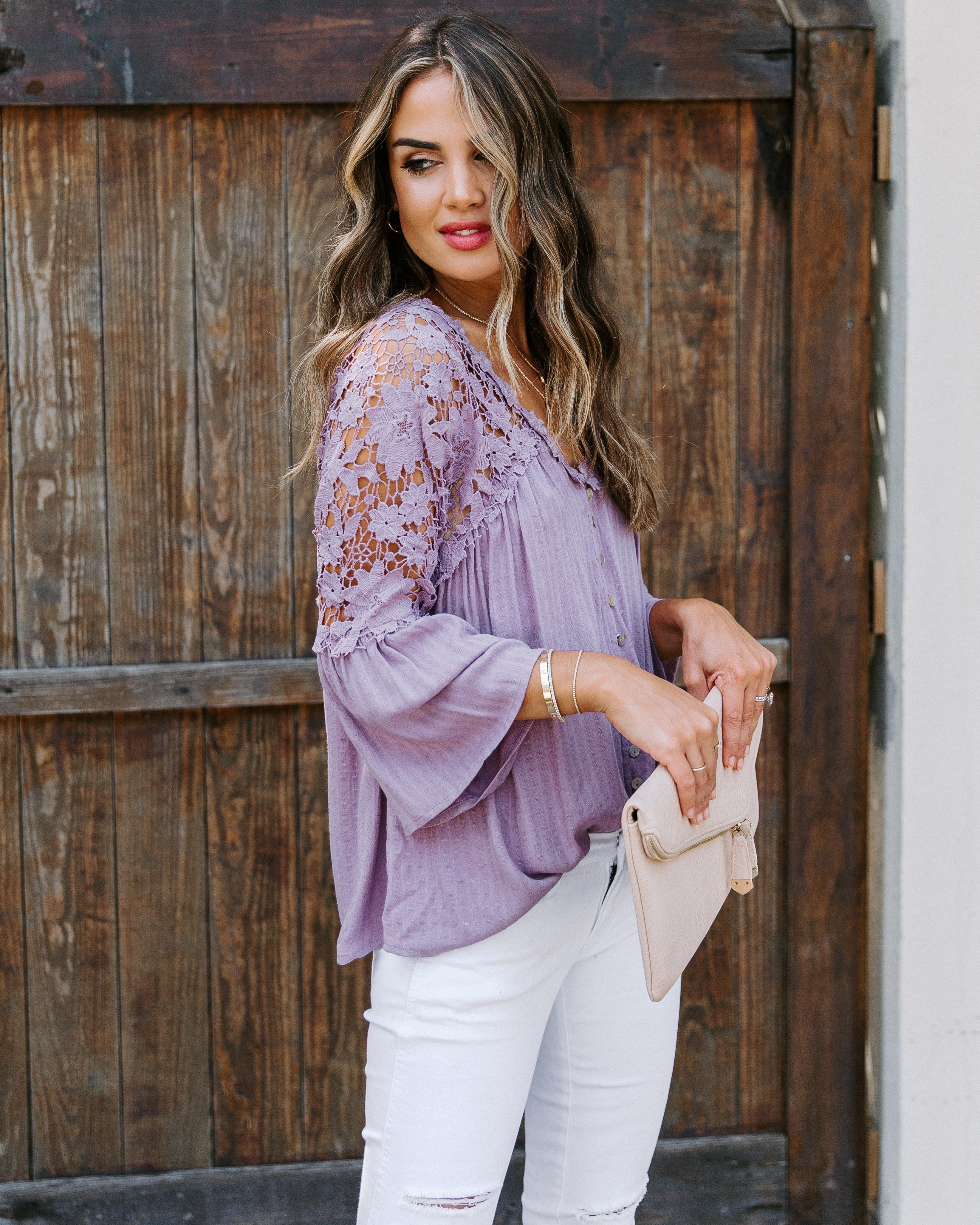 Kami Crochet Lace Button Down Top - Mauve Oshnow