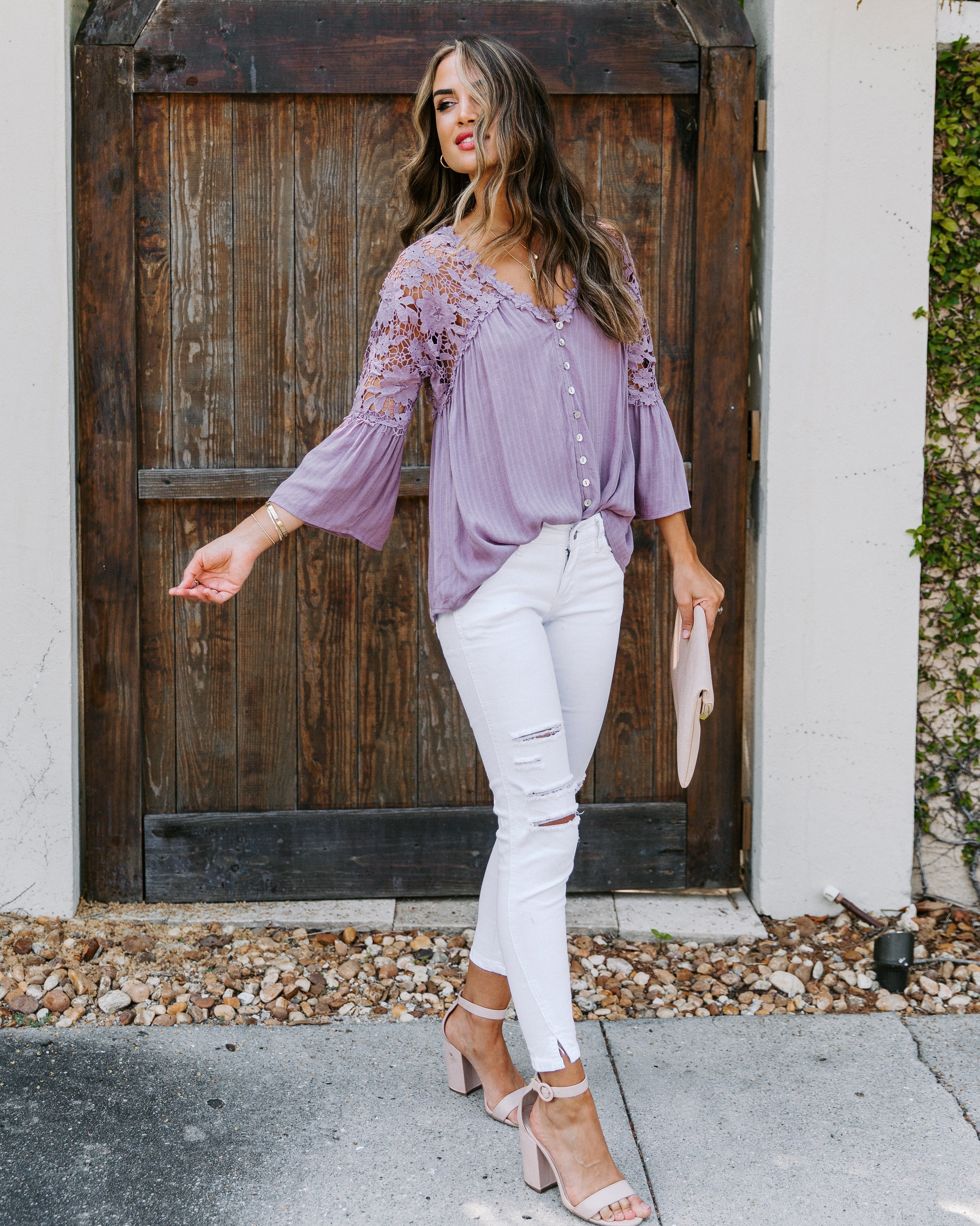 Kami Crochet Lace Button Down Top - Mauve Oshnow