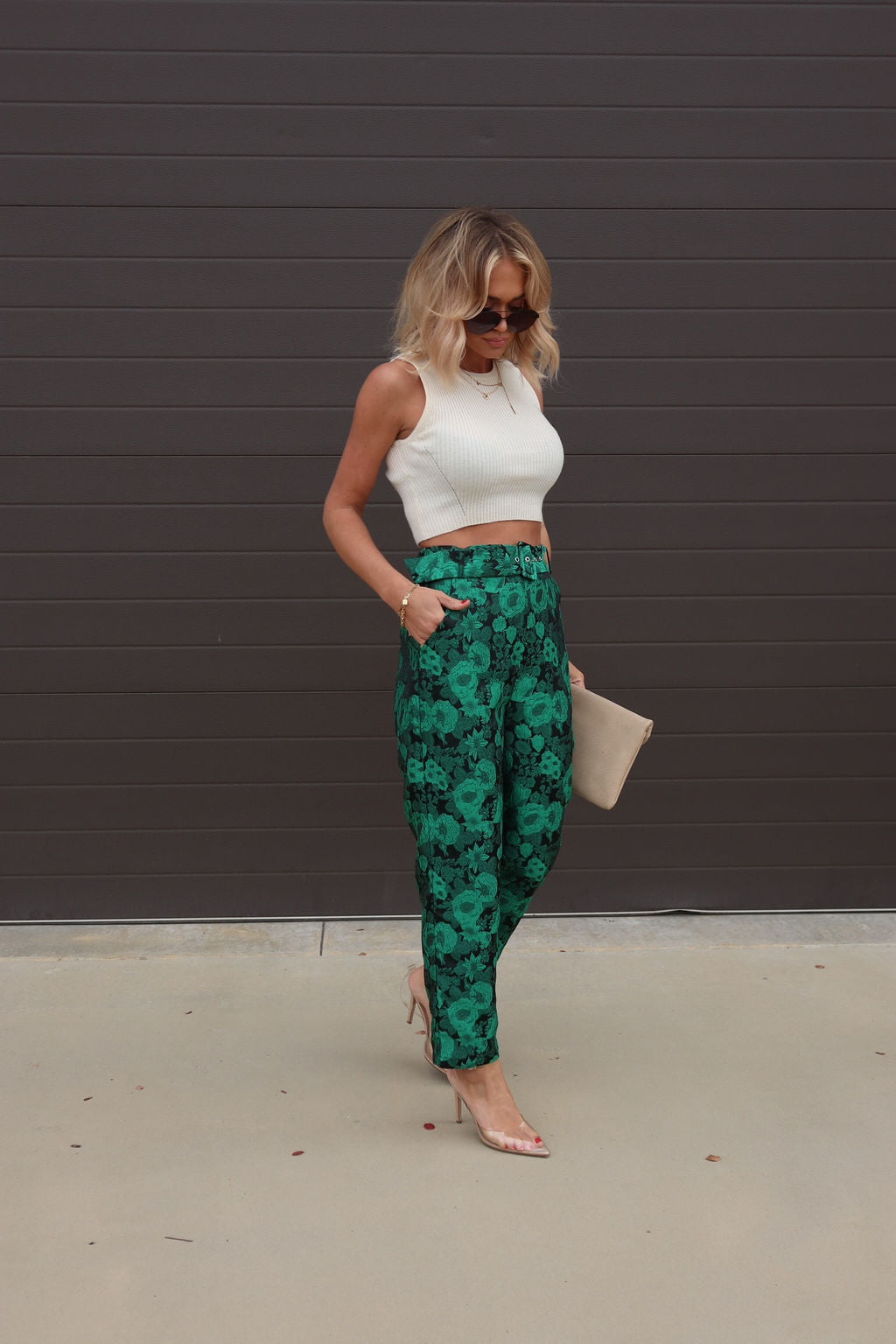 Karol Floral Pocketed Belted Pants - Green Oshnow