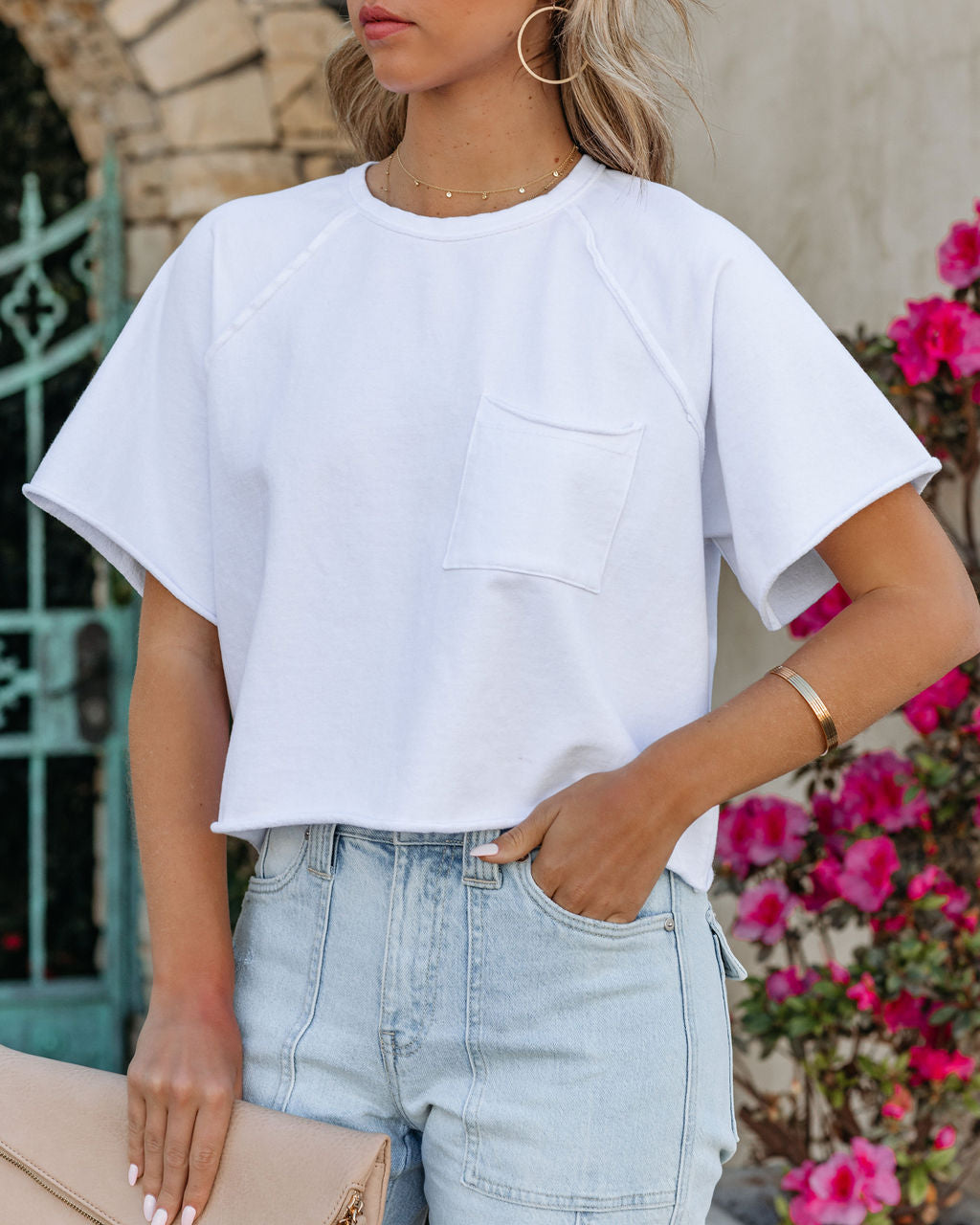 Kaylor Cropped Mineral Wash Pocket Tee - Off White Oshnow