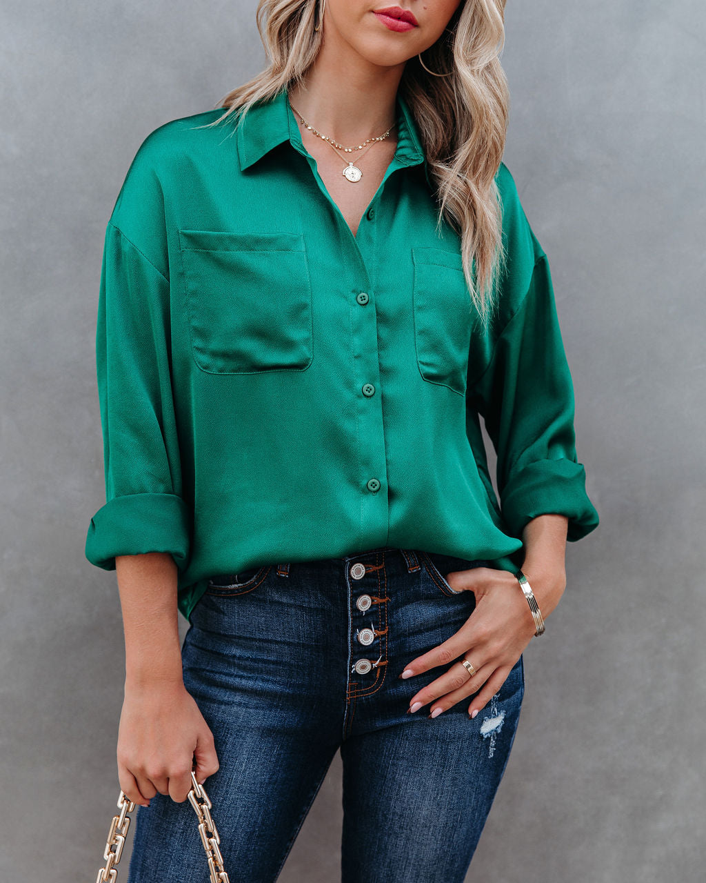 Kelsa Satin Button Down Pocket Blouse Oshnow