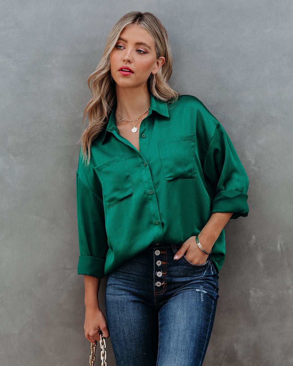 Kelsa Satin Button Down Pocket Blouse Oshnow